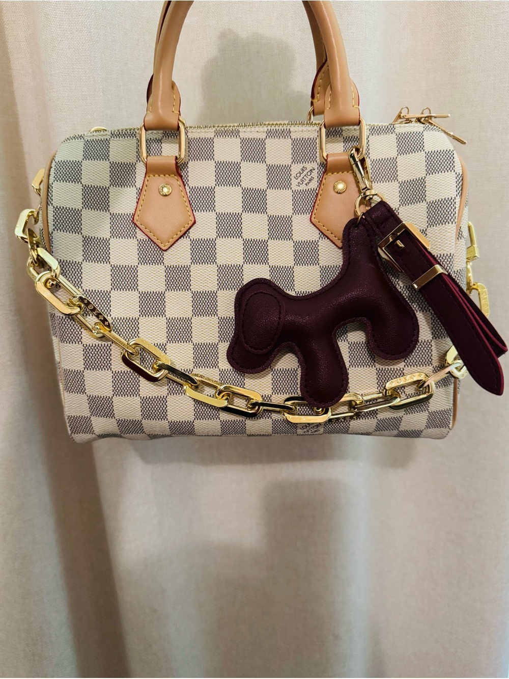 Damier Azur Speedy 25 Handbag White Checkered Satchel Purse
